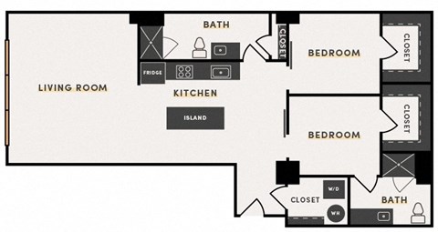 Floor plan for 2 beds, 2 baths, 1157 sqft